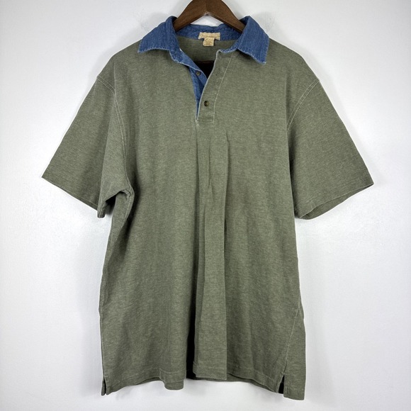 Saddlebred Other - VTG Saddlebred Polo Shirt Men Large Green Denim Collar 100% Cotton Short Sleeve